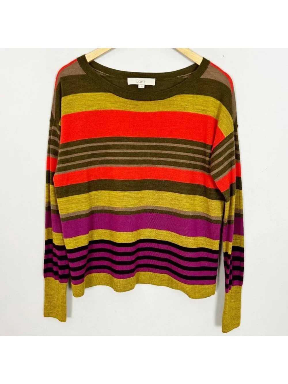 Loft Fall Striped Lightweight Sweater Wool Blend Stretch Size Small Women's